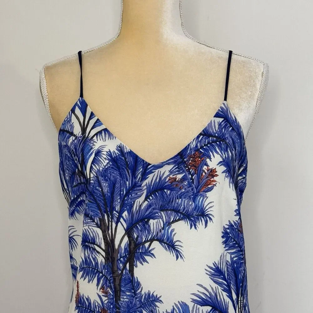 Adelyn Rae Nevina Palm Print Lace Slip Dress Size S Blue White V-Neck Sleeveless